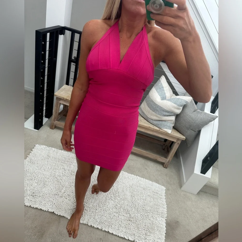 Hervé Léger Hot Pink Bandage Halter Mini Dress | Size M - Picture 3 of 12